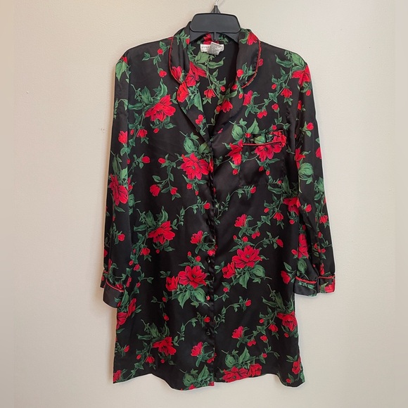 Morgan Taylor Vintage Satin Floral Print Button Down Collared Nightgown - Picture 1 of 6